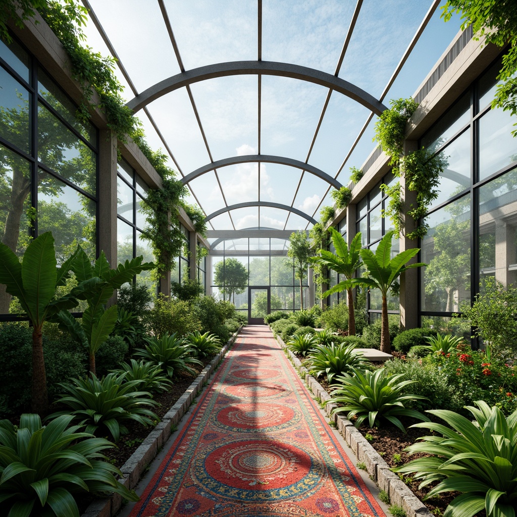 Prompt: Futuristic greenhouse, lush tropical plants, hydroponic systems, LED grow lights, misting irrigation, climate control technologies, double-glazed glass walls, aluminum frames, minimalist design, solar panels, wind turbines, green roofs, eco-friendly materials, innovative cooling systems, shaded outdoor spaces, Arabic-inspired patterns, vibrant colorful textiles, intricate geometric motifs, high-tech equipment, automated farming tools, data monitoring systems, real-time climate tracking, 3/4 composition, panoramic view, realistic textures, ambient occlusion.