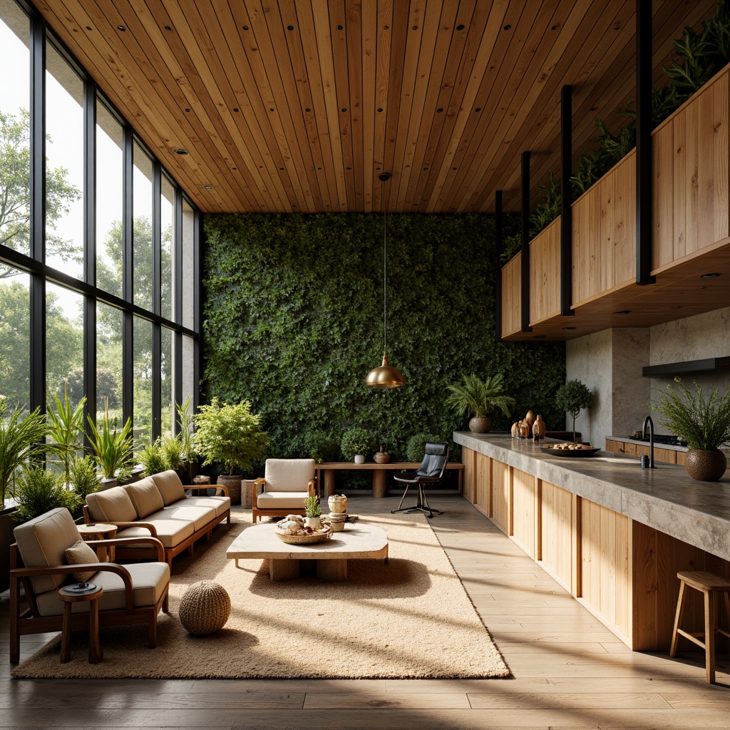 Prompt: Earthy tone, reclaimed wood accents, living green walls, bamboo flooring, natural stone countertops, organic shapes, eco-friendly materials, sustainable furniture design, minimal waste construction, recycled metal frames, earthy color palette, soft warm lighting, shallow depth of field, 1/1 composition, realistic textures, ambient occlusion.