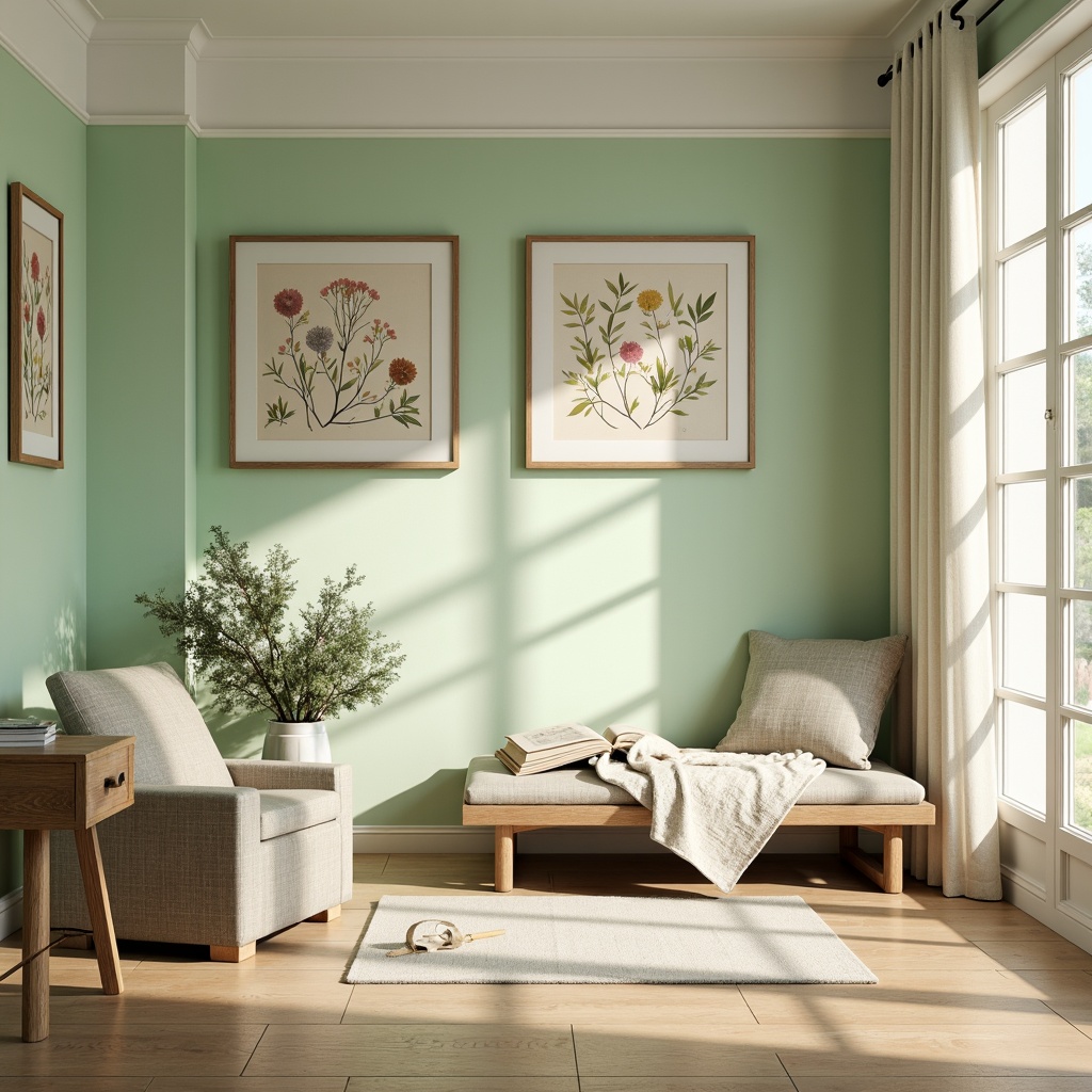 Prompt: Soft mint walls, creamy pale green accents, warm beige floors, natural wood furniture, delicate florals, subtle leaf patterns, gentle morning light, shallow depth of field, 1/1 composition, realistic textures, ambient occlusion, serene atmosphere, cozy reading nook, plush throw blankets, vintage botanical prints.