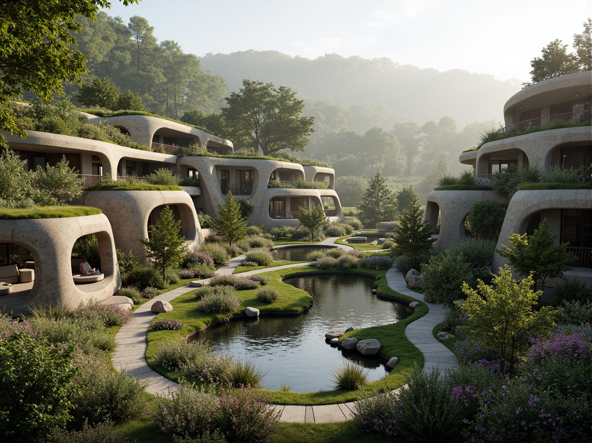 Prompt: Harmonious landscape integration, curved architecture, organic forms, natural stone fa\u00e7ades, lush green roofs, verdant walls, serene water features, meandering pathways, native plant species, seasonal blooming flowers, soft morning light, atmospheric mist, 3/4 composition, shallow depth of field, panoramic view, realistic textures, ambient occlusion.