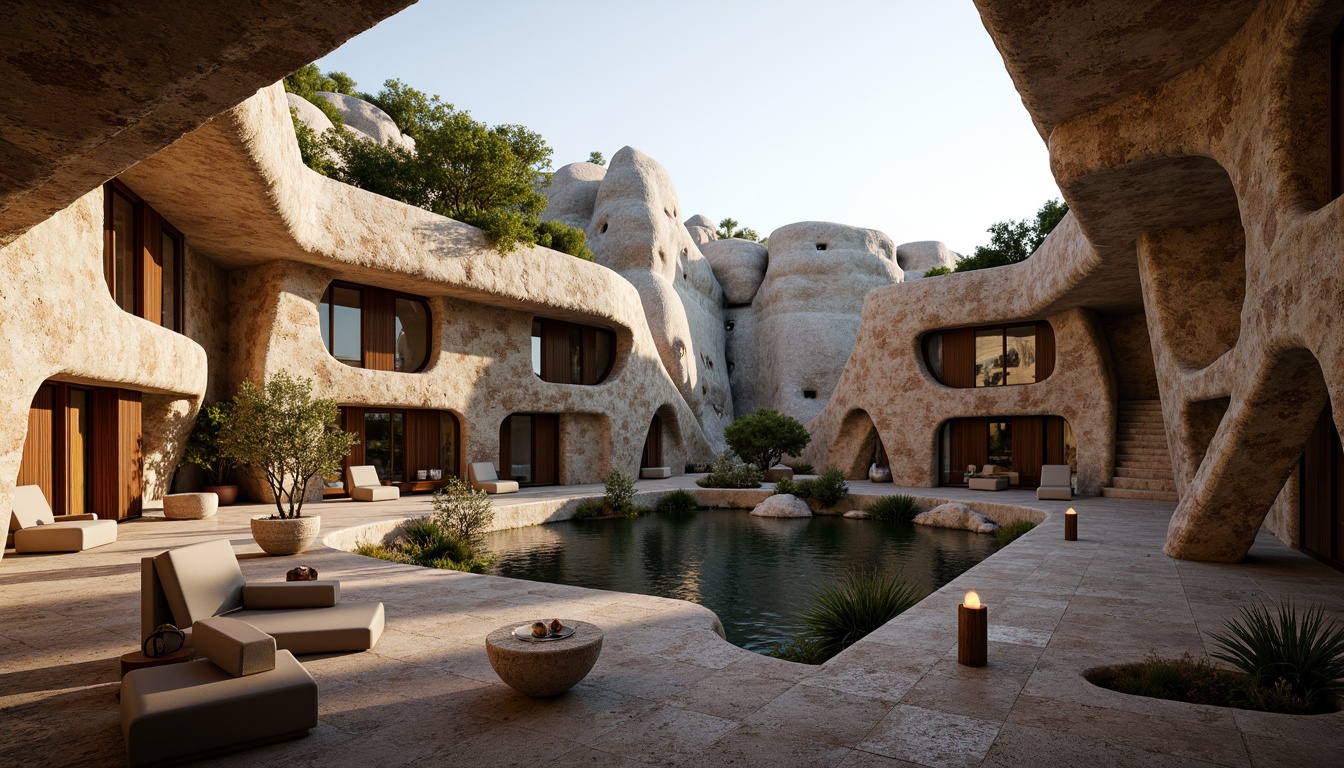 Prompt: Rustic canyon landscape, weathered rock formations, natural stone walls, wooden accents, earthy tones, serene atmosphere, harmonious blend of nature and architecture, cantilevered buildings, curved lines, organic shapes, minimal modern design, floor-to-ceiling windows, sliding glass doors, panoramic views, warm afternoon light, soft shadows, 1/1 composition, symmetrical balance, realistic rock textures, ambient occlusion.