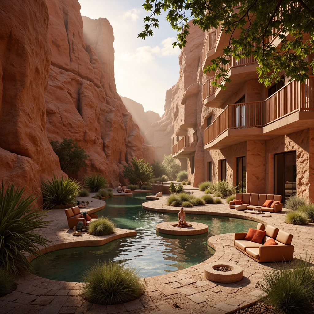 Prompt: Earthy canyon landscape, warm beige sandstone, rusty red rock formations, turquoise water streams, lush green vegetation, vibrant orange sunsets, soft golden lighting, atmospheric mist, subtle gradient skies, natural stone textures, rough-hewn wooden accents, distressed leather upholstery, woven wicker furniture, Southwestern-inspired patterns, bold geometric shapes, modern minimalist decor, cozy intimate ambiance, warm neutral tones.