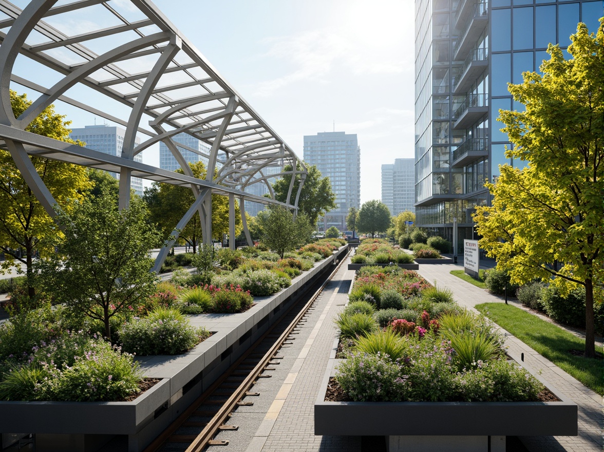 Prompt: Vibrant tram station, lush green roofs, urban oasis, natural habitats, diverse flora, fauna-friendly design, eco-friendly architecture, sustainable building materials, energy-efficient systems, reduced carbon footprint, improved air quality, increased biodiversity, soothing urban atmosphere, calm waiting areas, modern minimalist design, sleek metal structures, large glass windows, natural light infiltration, panoramic city views, shallow depth of field, 3/4 composition, realistic textures, ambient occlusion.