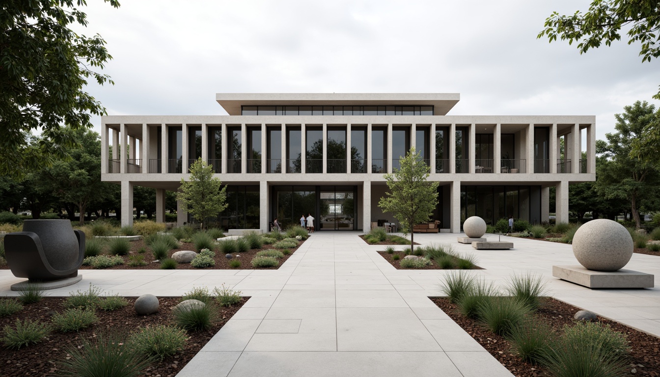 Prompt: Modernist courthouse, clean lines, rectangular forms, industrial materials, brutalist architecture, sparse greenery, geometric planting, abstract sculptures, concrete paving, steel railings, minimalist benches, functional outdoor spaces, urban surroundings, overcast skies, dramatic shadows, high contrast lighting, 1/2 composition, symmetrical framing, architectural photography, detailed textures, subtle color grading.