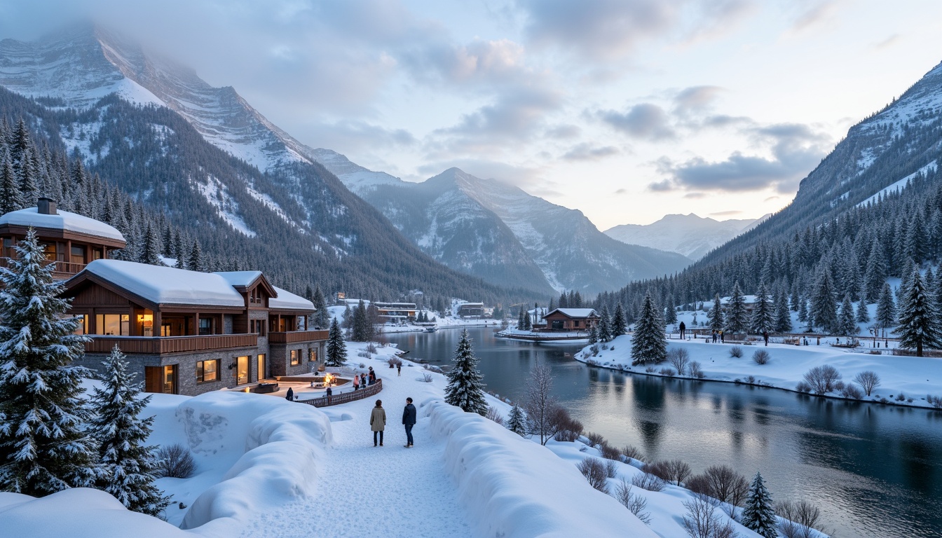 Prompt: Snow-capped mountains, serene ski resort, wooden chalets, rustic stone walls, snow-covered roofs, icy lakes, frozen waterfalls, evergreen trees, powdery snowdrifts, winding ski trails, chairlifts, gondolas, ski lifts, cozy fire pits, warm outdoor lighting, panoramic views, 3/4 composition, atmospheric perspective, misty mountain air, frosty morning light, realistic snow textures, ambient occlusion.