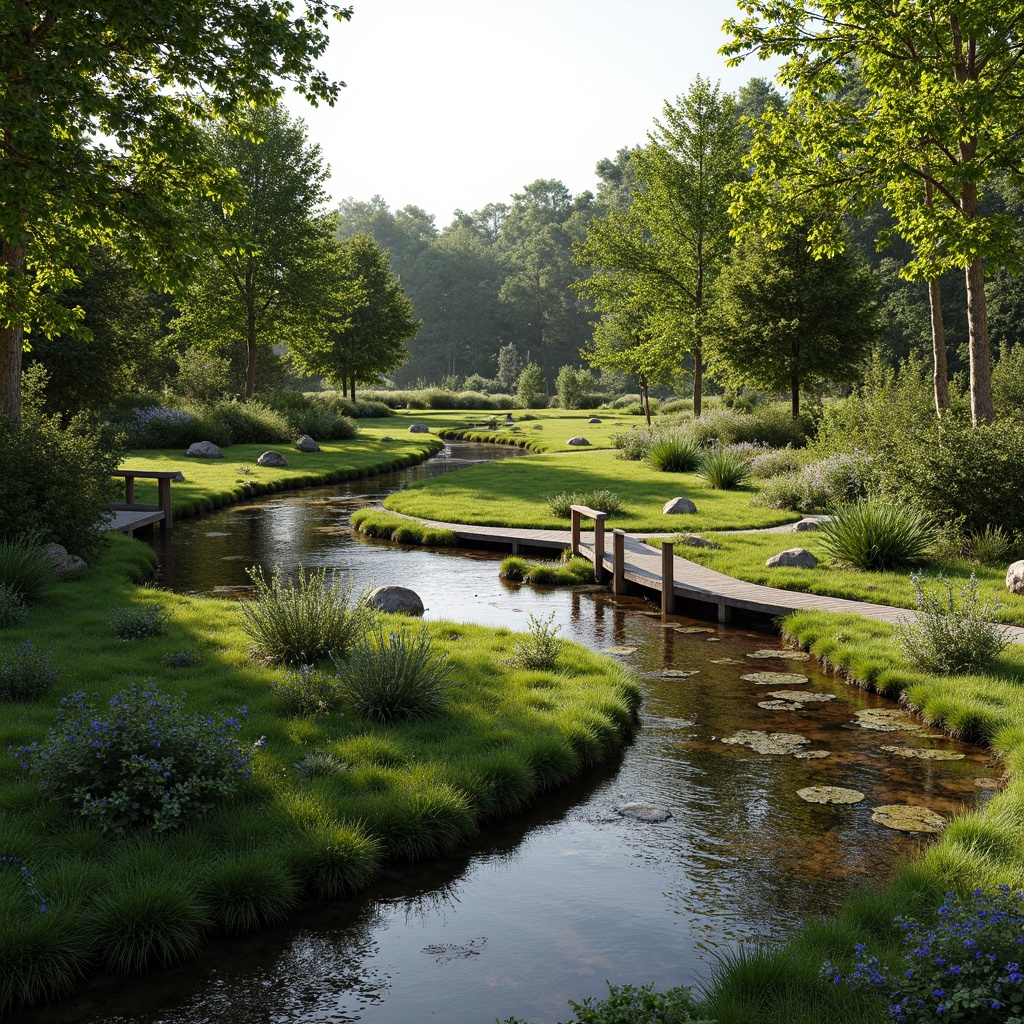 Prompt: Serene wetland landscape, lush green vegetation, winding waterways, tranquil ponds, native aquatic plants, rustic wooden boardwalks, meandering streams, natural stone retaining walls, weathered wooden bridges, organic earthy colors, soft diffused lighting, shallow depth of field, 2/3 composition, panoramic view, realistic textures, ambient occlusion.