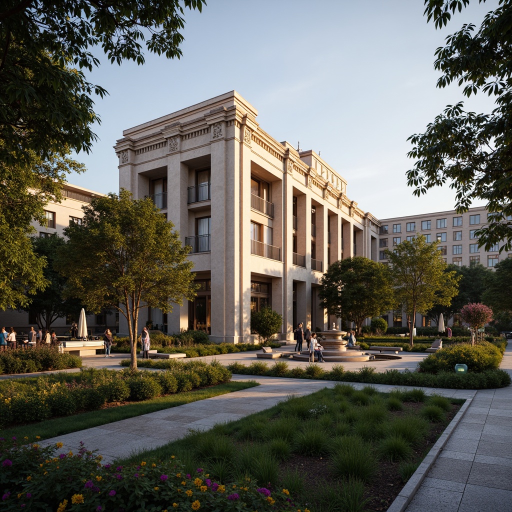 Prompt: Grandiose office building, neoclassical facade, symmetrical architecture, ornate columns, carved stone details, manicured lawns, vibrant flower beds, sculpted hedges, meandering pathways, decorative fountains, majestic trees, bronze statues, elegant outdoor seating, sophisticated lighting fixtures, warm golden hour, shallow depth of field, 1/2 composition, realistic textures, ambient occlusion.Please let me know if this meets your requirements!