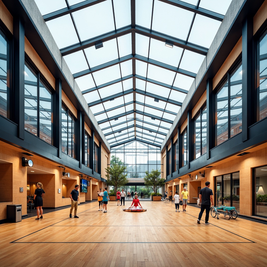 Prompt: Modern gymnasium interior, translucent polycarbonate roof, diffused natural light, warm wood flooring, sleek metal beams, minimalist athletic equipment, vibrant colorful accents, transparent glass walls, open-plan layout, spacious high ceiling, ambient soft lighting, 3/4 composition, shallow depth of field, realistic textures, subtle shadows.