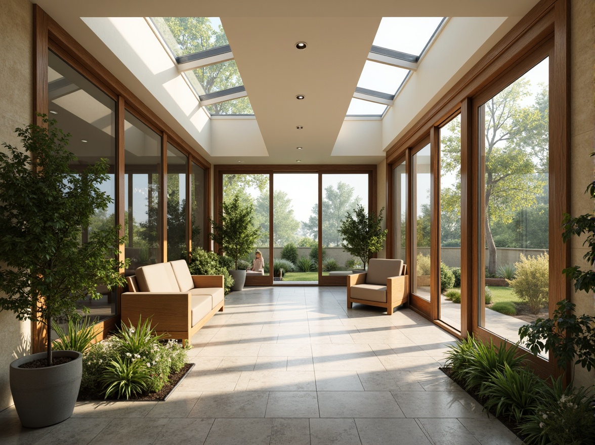 Prompt: Bright airy interior, large windows, sliding glass doors, minimal obstructed views, natural stone flooring, earthy tone walls, lush greenery, potted plants, wooden accents, warm beige color scheme, soft diffused lighting, clerestory windows, skylights, solar tubes, ambient occlusion, realistic textures, 3/4 composition, shallow depth of field.