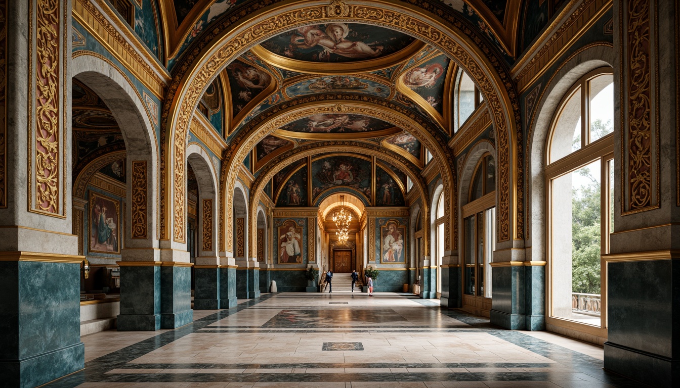 Prompt: Intricate Byzantine plasterwork, ornate gold accents, rich jewel tones, elaborate frescoes, vaulted ceilings, grand archways, ornamental columns, luxurious marble flooring, intricate mosaics, gilded domes, dramatic lighting, high contrast ratio, narrow depth of field, 1/2 composition, realistic textures, ambient occlusion.