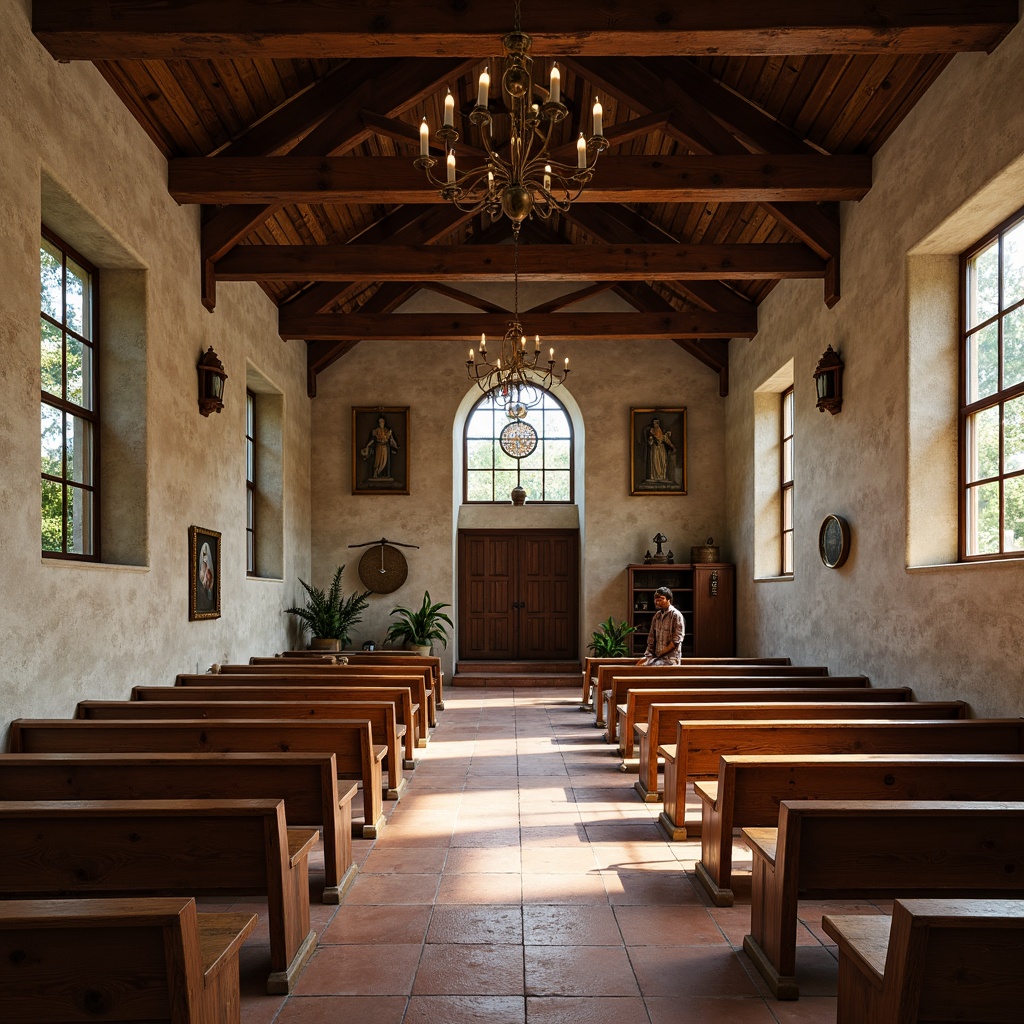 Prompt: Rustic wooden pews, natural stone walls, earthy terracotta flooring, exposed wooden beams, stained glass windows, ornate metal chandeliers, traditional wooden doors, rustic metal hardware, distressed wood accents, vintage religious artifacts, warm candle lighting, soft diffused natural light, subtle shadowing, 1/1 composition, symmetrical framing, realistic textures, ambient occlusion.