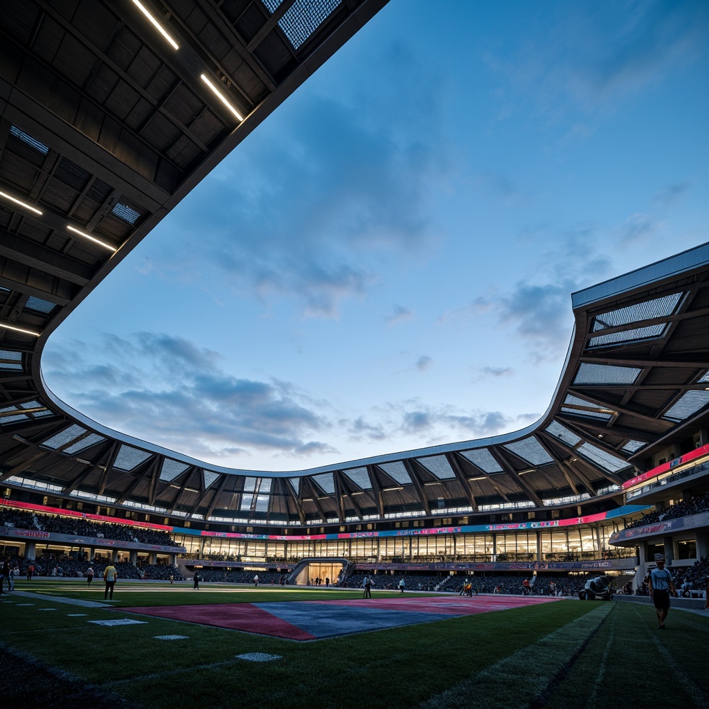 Prompt: Futuristic football stadium, dynamic curvature, LED lighting system, sleek metal cladding, angular lines, modern minimalist design, cantilevered roofs, transparent glass fa\u00e7ades, atmospheric misting systems, vibrant team color schemes, patterned turf, floodlights, evening ambiance, shallow depth of field, 3/4 composition, panoramic view, realistic textures, ambient occlusion.