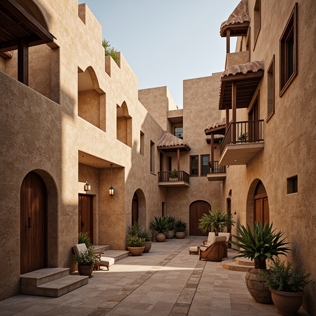 Prompt: Rammed earth buildings, rustic facades, earthy tones, natural textures, irregular shapes, curved lines, ornate details, academic style, historical references, traditional craftsmanship, weathered walls, wooden accents, stone carvings, arched windows, ornamental doorways, lantern-style lighting, soft warm glow, shallow depth of field, 1/1 composition, realistic materials, ambient occlusion.