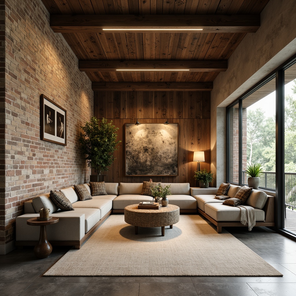 Prompt: Earthy tones, natural textures, reclaimed wood accents, industrial metal frames, exposed brick walls, polished concrete floors, eco-friendly materials, low-maintenance design, water-resistant surfaces, durable fabric upholstery, weathered stone cladding, minimalist decor, functional simplicity, warm ambient lighting, soft focus, shallow depth of field, 1/1 composition, realistic rendering.