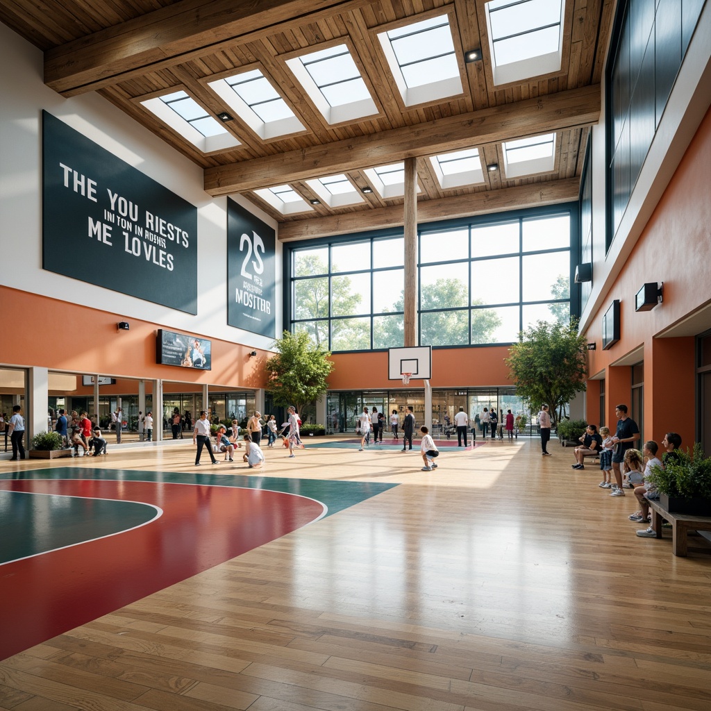 Prompt: Modern gymnasium, high ceilings, large windows, natural light pouring in, polished wooden floors, basketball courts, athletic tracks, fitness equipment, exercise machines, mirrored walls, motivational quotes, inspirational posters, vibrant color scheme, dynamic architecture, open spaces, clerestory windows, skylights, diffused soft lighting, subtle shadows, realistic textures, ambient occlusion.