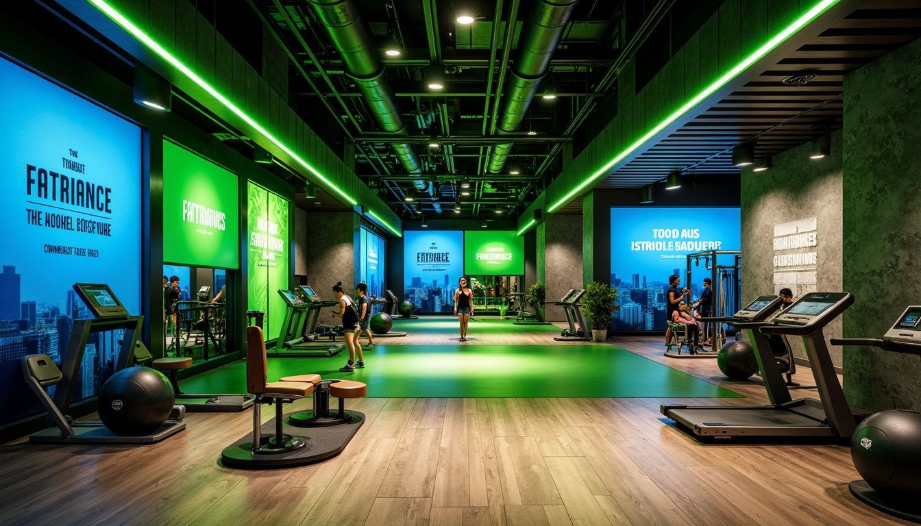 Prompt: Vibrant fitness club, energetic atmosphere, bold color scheme, neon green accents, deep blue undertones, metallic silver trim, sleek modern equipment, polished wood flooring, motivational quotes, dynamic lighting, high-contrast shadows, intense warm tones, dramatic spotlighting, futuristic architecture, minimalist decor, industrial-chic vibes, raw concrete textures, urban loft-inspired ambiance.