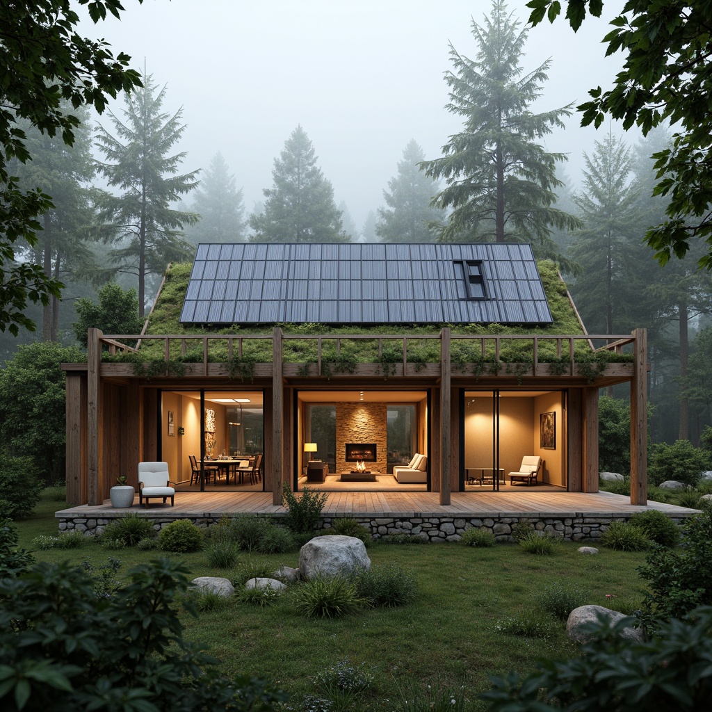 Prompt: Eco-friendly cabin, reclaimed wood exterior, living green roof, solar panels, natural stone walls, bamboo flooring, minimalist interior, large windows, clerestory windows, soft warm lighting, cozy atmosphere, serene forest surroundings, misty morning, shallow depth of field, 3/4 composition, realistic textures, ambient occlusion.