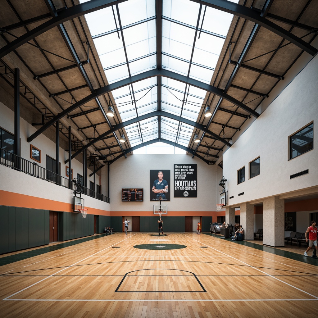 Prompt: Modern gymnasium interior, translucent rooflights, natural daylighting, sleek metal beams, polished wooden floors, athletic equipment, basketball hoops, volleyballs, sports jerseys, motivational quotes, inspirational posters, soft warm lighting, shallow depth of field, 1/1 composition, realistic textures, ambient occlusion, airy atmosphere, open spaces, minimalist design, functional layout, dynamic color schemes.