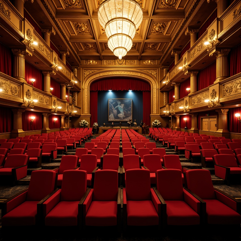 Prompt: Luxurious auditorium, plush red velvet seats, ornate golden balconies, grand chandelier, intricate moldings, rich wooden paneling, spacious legroom, optimal sightlines, dramatic spotlights, soft warm ambiance, cinematic proportions, 3/4 composition, shallow depth of field, realistic textures, ambient occlusion.