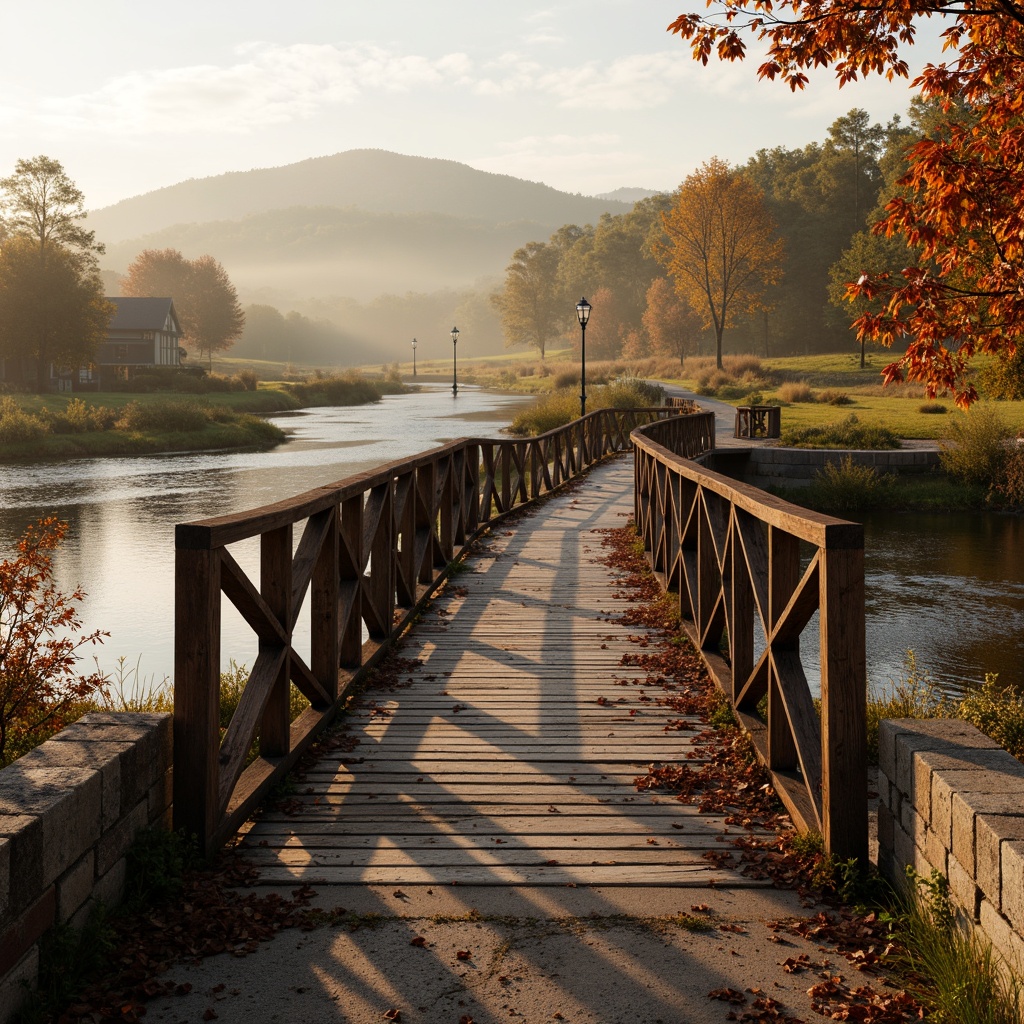 Prompt: Rustic steel bridges, wooden railings, worn stone piers, serene rural landscapes, rolling hills, meandering rivers, tranquil atmosphere, warm golden lighting, soft misty fog, gentle water reflections, vibrant autumn foliage, natural stone walls, earthy tones, distressed wood textures, ornate metal details, classic lanterns, romantic ambiance, 1/1 composition, shallow depth of field, realistic rendering, ambient occlusion.