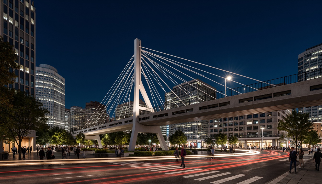 Prompt: Sleek pedestrian bridge, modernist architecture, bold structural elements, minimalist design, clean lines, geometric shapes, cantilevered sections, suspended walkways, cable-stayed systems, steel beams, concrete piers, rhythmic column patterns, urban cityscape, busy street life, vibrant nighttime lighting, shallow depth of field, 3/4 composition, panoramic view, realistic textures, ambient occlusion.