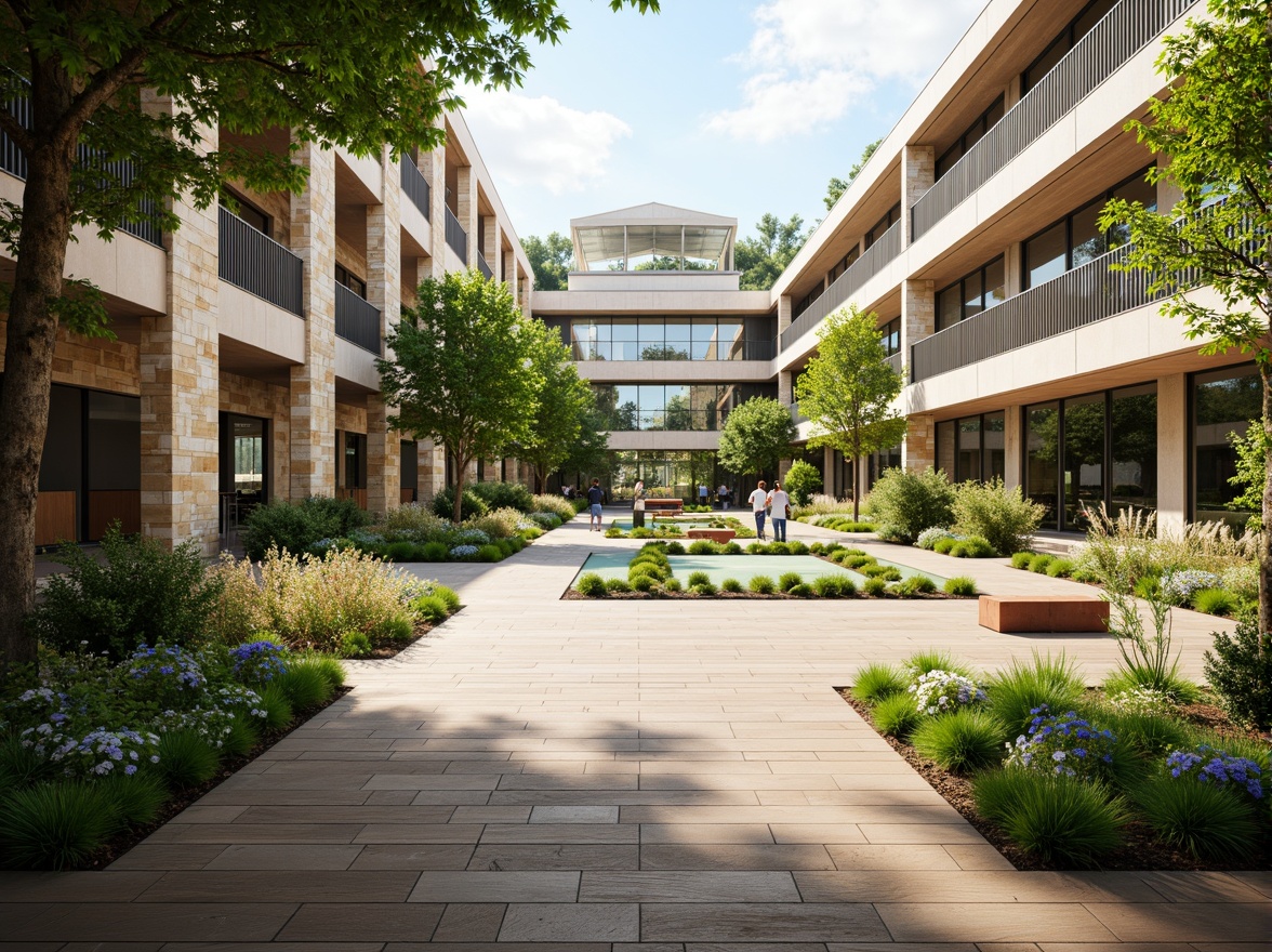 Prompt: Vibrant gymnasium courtyard, lush greenery, natural stone walls, wooden flooring, large windows, glass doors, clerestory lighting, soft warm ambiance, athletic equipment, basketball hoops, tennis courts, running tracks, outdoor fitness stations, shaded areas, misting systems, eco-friendly materials, sustainable design, modern architecture, minimalist decor, panoramic views, shallow depth of field, 3/4 composition, realistic textures, ambient occlusion.