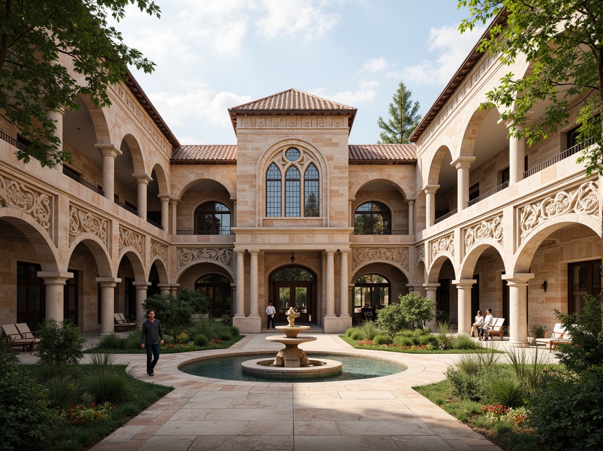 Prompt: Grand hospital facade, Romanesque arches, ornate stone carvings, intricate column details, stained glass windows, rustic brick walls, terra cotta roofing, lush greenery, tranquil courtyards, soothing water features, natural stone flooring, warm beige color palette, soft diffused lighting, shallow depth of field, 1/1 composition, realistic textures, ambient occlusion.