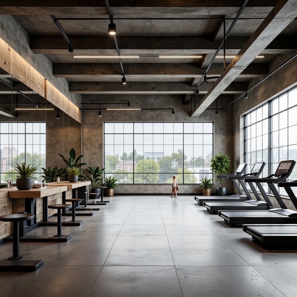 Prompt: Clean-lined fitness studio, minimalist decor, industrial-chic flooring, sleek exercise equipment, mirrored walls, modern LED lighting, airy high ceilings, open spaces, simple color scheme, neutral tones, textured concrete, reclaimed wood accents, metallic details, floor-to-ceiling windows, abundant natural light, serene atmosphere, shallow depth of field, 1/1 composition, panoramic view, realistic textures, ambient occlusion.