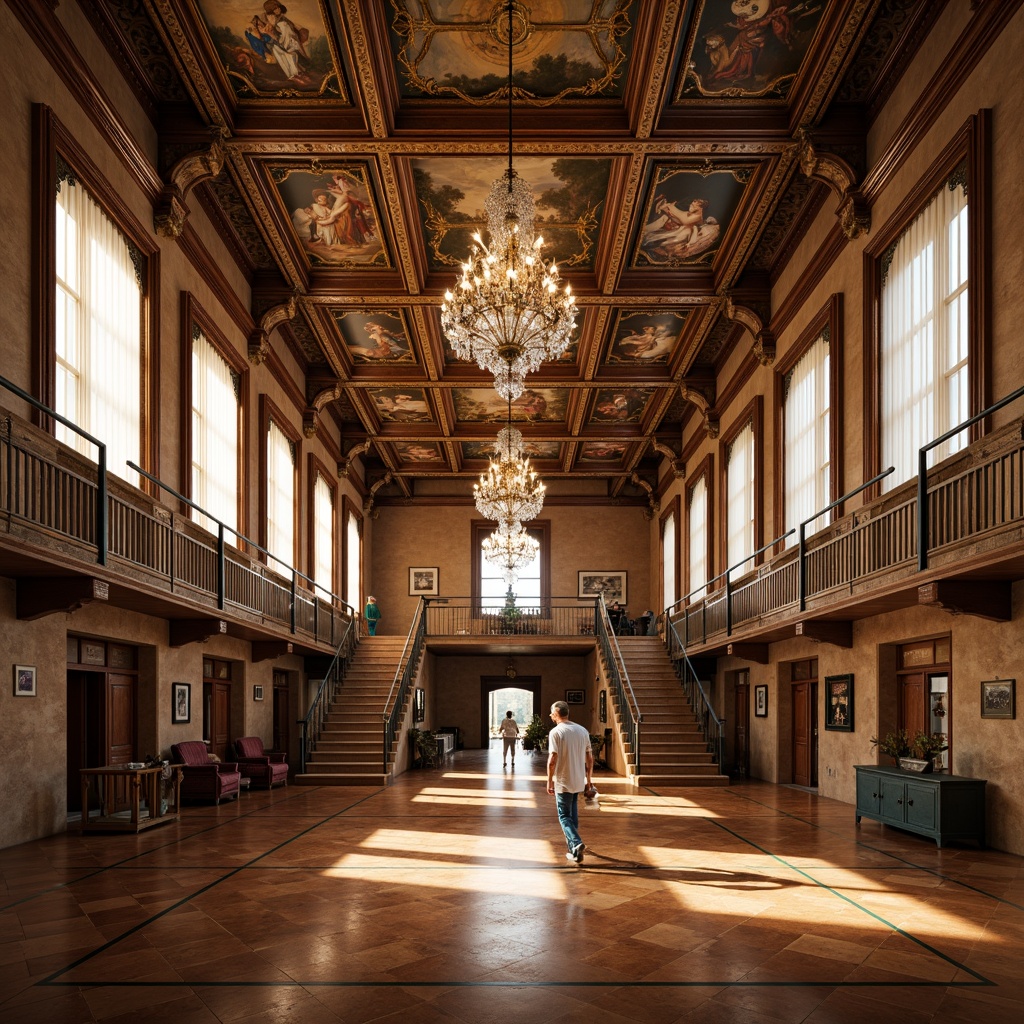 Prompt: Grand gymnasium hall, ornate chandeliers, polished marble floors, rich wood accents, intricately carved columns, sweeping archways, lavish curtains, regal balconies, sparkling crystal fixtures, opulent frescoes, dramatic staircases, imposing stone walls, vintage athletic equipment, nostalgic sports memorabilia, warm golden lighting, shallow depth of field, 1/1 composition, symmetrical view, realistic textures, ambient occlusion.