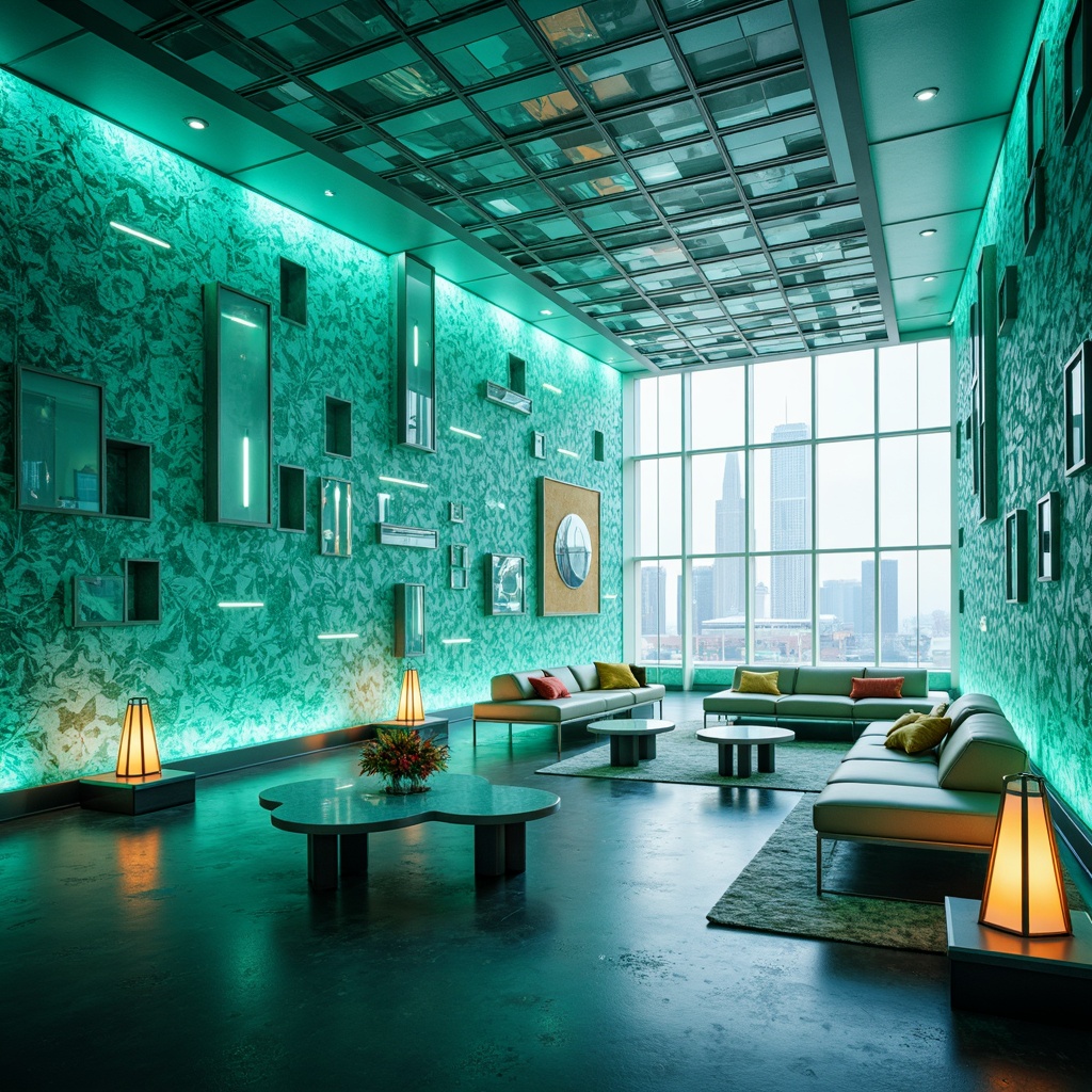 Prompt: Futuristic interior design, fibreglass accent walls, sleek modern furniture, metallic frames, transparent glass tables, abstract geometric patterns, vibrant turquoise colors, innovative lighting systems, soft warm ambiance, shallow depth of field, 3/4 composition, realistic textures, ambient occlusion.