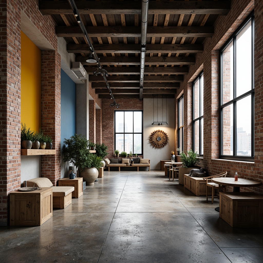 Prompt: Exposed brick walls, industrial metal beams, reclaimed wood accents, earthy tones, muted grays, warm beige, rich browns, deep blues, pops of vibrant yellow, urban cityscape views, gritty textured concrete floors, distressed wooden crates, functional metal lighting, airy open spaces, minimalist decor, natural light pouring in, soft atmospheric glow, 1/1 composition, realistic material textures, subtle ambient occlusion.