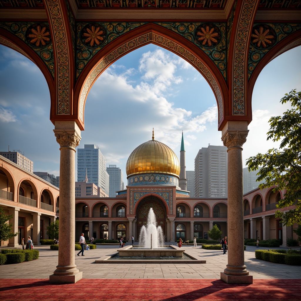 Prompt: Vibrant mosque interior, ornate Islamic patterns, golden dome, minbar, mihrab, intricate arches, colorful stained glass windows, natural stone flooring, plush red carpets, warm soft lighting, 1/2 composition, shallow depth of field, realistic textures, ambient occlusion, peaceful ambiance, spiritual atmosphere, community gathering spaces, open courtyard, serene fountain, lush greenery, surrounding residential buildings, urban cityscape, cloudy blue sky, morning sunlight, subtle mist.