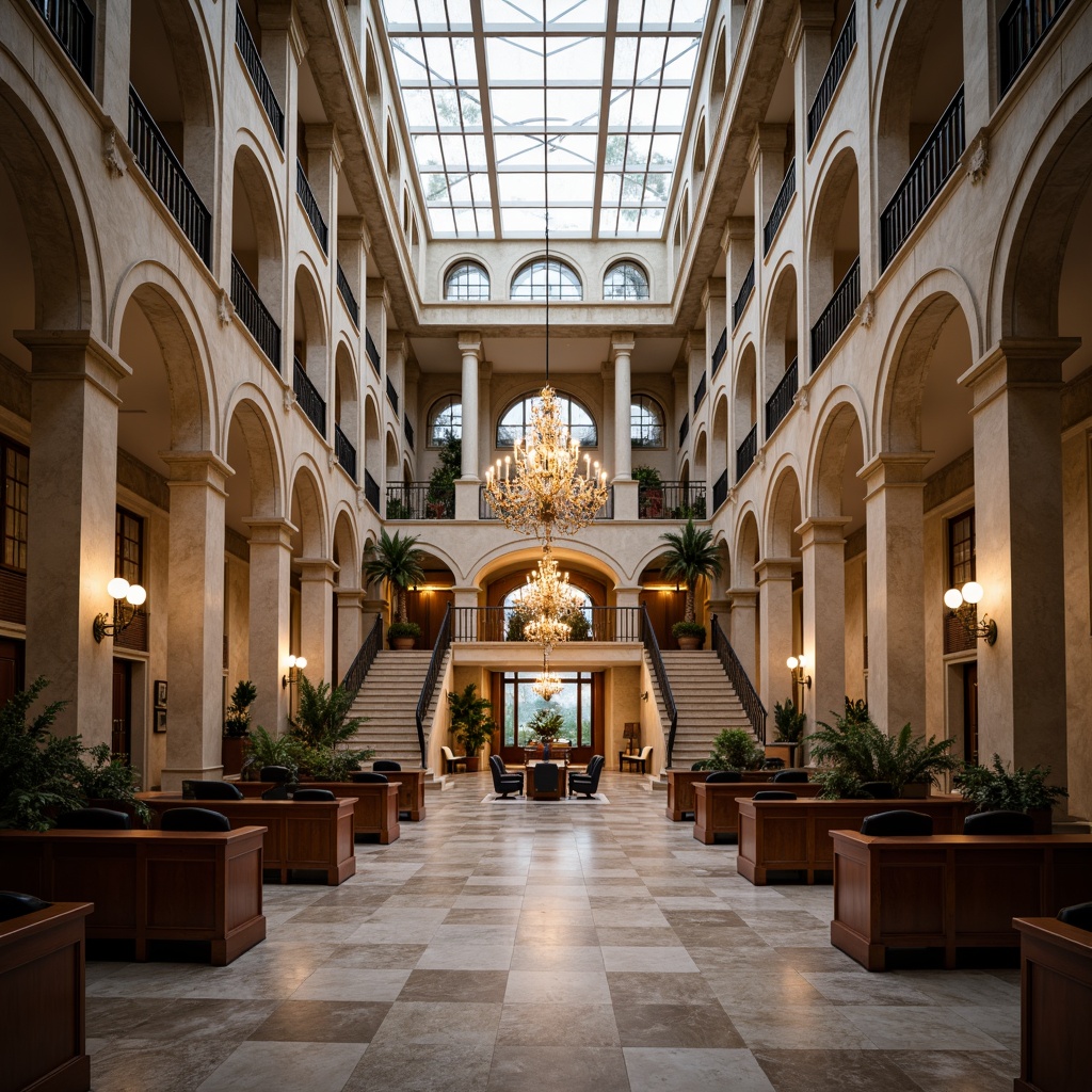 Prompt: Grand entrance hall, high ceilings, marble flooring, ornate chandeliers, wooden benches, stately columns, vaulted arches, natural stone walls, grand staircase, elegant railings, spacious atrium, clerestory windows, soft warm lighting, shallow depth of field, 1/1 composition, realistic textures, ambient occlusion, formal courtroom settings, judges' benches, witness stands, lawyers' desks, wooden paneling, historic architectural style, neoclassical influences, intricate moldings, ornate furnishings.