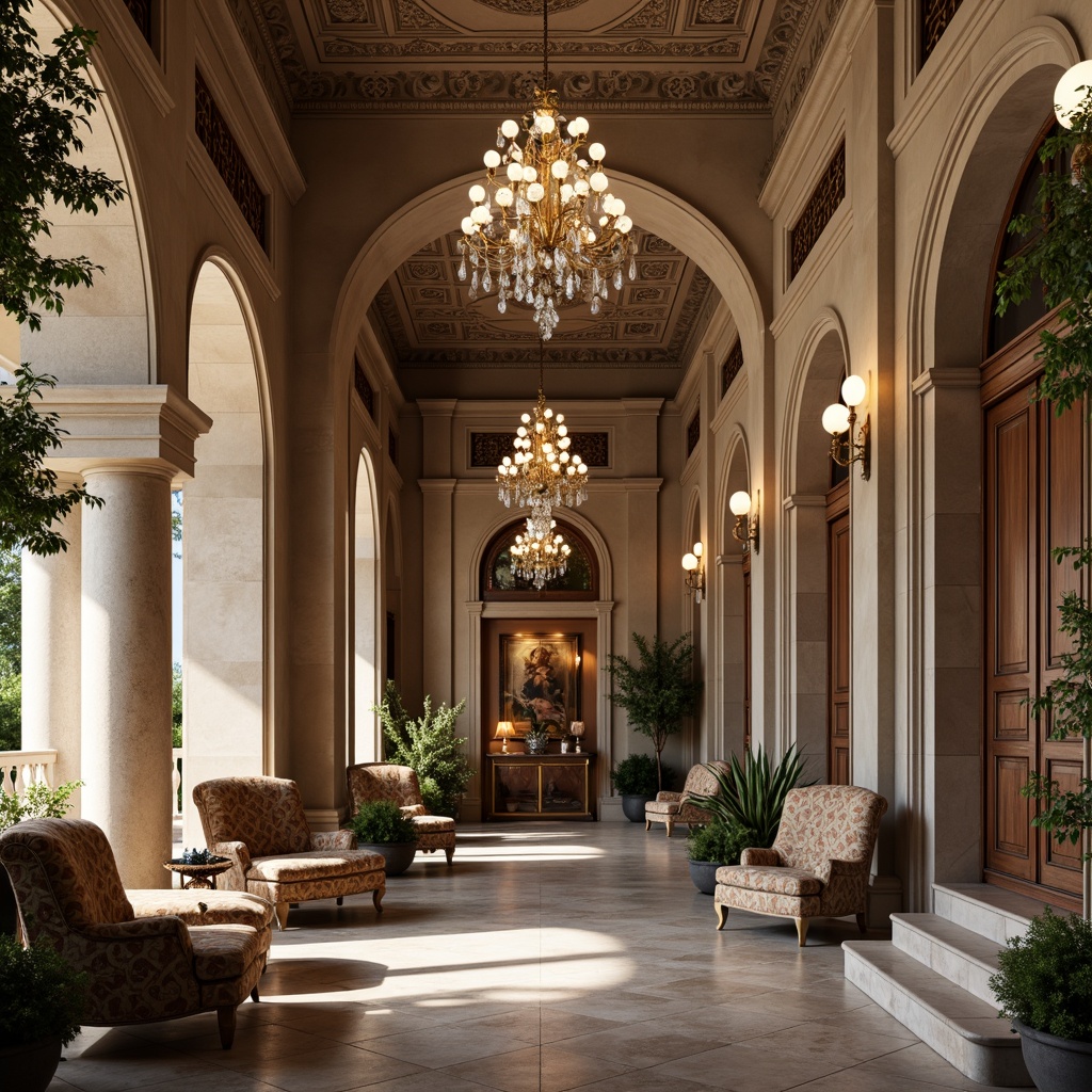 Prompt: Elegant neoclassical facade, intricately carved stone walls, ornate marble columns, polished bronze door handles, lavish crystal chandeliers, opulent velvet drapes, richly patterned silk upholstery, gilded wooden furniture, subtle linen textures, weathered limestone arches, grandiose staircases, luminous crystal sconces, warm beige stucco, refined stonework, classical architectural details, symmetrical composition, dramatic chiaroscuro lighting, soft focus background, 1/2 composition, realistic material rendering.