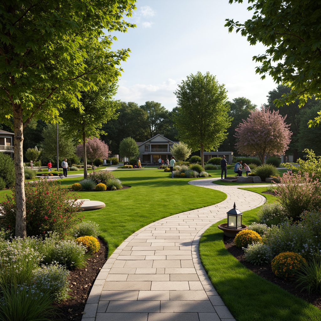 Prompt: Lush green lawn, vibrant flowers, curved walkways, natural stone pavers, ornamental trees, blooming gardens, tranquil water features, decorative lanterns, comfortable outdoor seating, soft warm lighting, shallow depth of field, 3/4 composition, panoramic view, realistic textures, ambient occlusion.