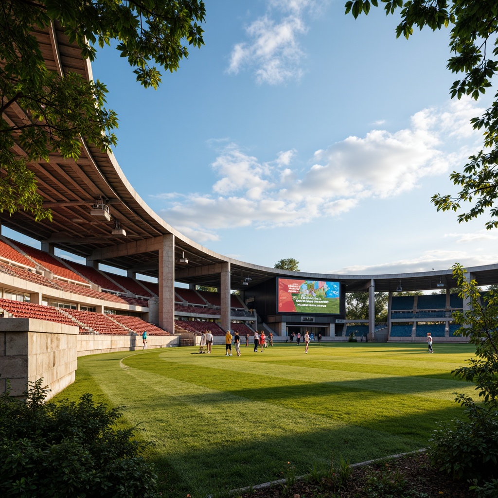 Prompt: Rustic stadium facade, weathered stone walls, metallic accents, retractable roofs, lush green turf, athletic tracks, spectator seating areas, vibrant scoreboard displays, floodlighting systems, dramatic shading effects, 3/4 composition, low-angle shot, realistic wear and tear textures, ambient occlusion, summer afternoon, warm golden lighting.