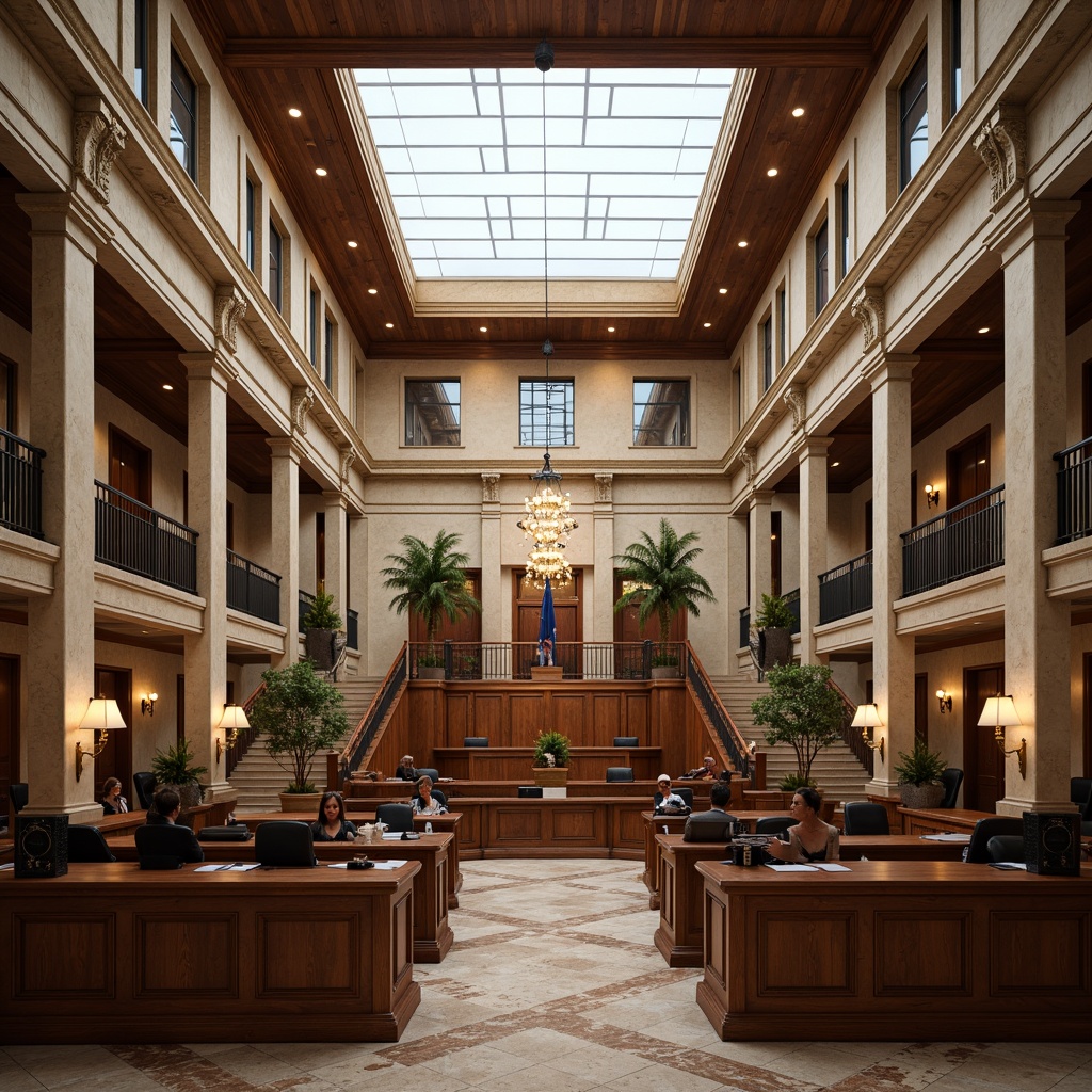 Prompt: Grand courthouse entrance, high ceilings, marble floors, elegant chandeliers, wooden benches, stately columns, formal courtroom settings, judge's bench, witness stand, jury box, lawyer's table, grand staircases, ornate railings, natural stone walls, spacious atriums, clerestory windows, soft diffused lighting, 1/1 composition, symmetrical architecture, classical interior design, rich wood tones, solemn atmosphere.