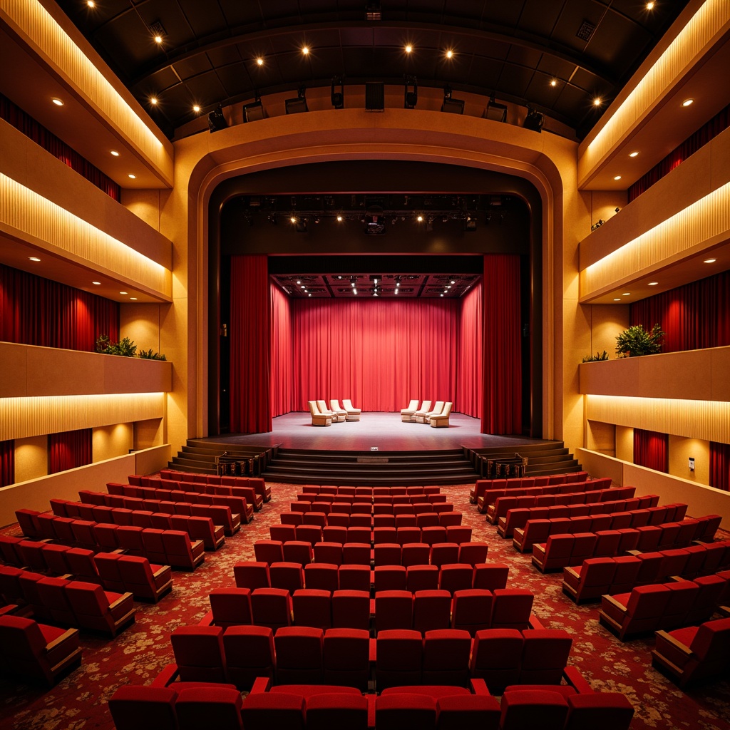 Prompt: Vibrant auditorium interior, rich velvet seats, warm golden lighting, bold red curtains, sleek modern architecture, angular lines, geometric patterns, harmonious color palette, contrasting textures, dynamic stage design, spotlight illumination, subtle shadows, 1/2 composition, realistic renderings, ambient occlusion.