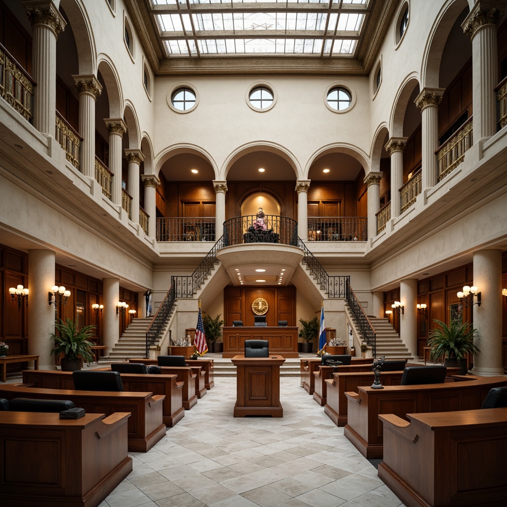 Prompt: Grand courthouse interior, high ceilings, marble floors, ornate chandeliers, wooden benches, stately columns, vaulted archways, impressive staircases, formal waiting areas, secure courtroom doors, modern acoustic panels, comfortable witness chairs, polished wooden judge's desk, elegant law library, quiet reading areas, warm natural lighting, subtle color scheme, 1/1 composition, shallow depth of field, realistic textures.