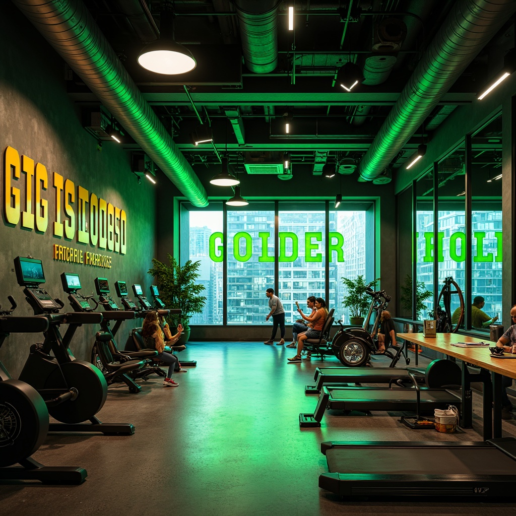 Prompt: Vibrant fitness club, energetic atmosphere, bold typography, neon green accents, metallic silver equipment, dark grey concrete floors, industrial-chic architecture, floor-to-ceiling windows, natural light pouring in, urban cityscape views, dynamic lighting effects, shallow depth of field, 1/1 composition, realistic textures, ambient occlusion.