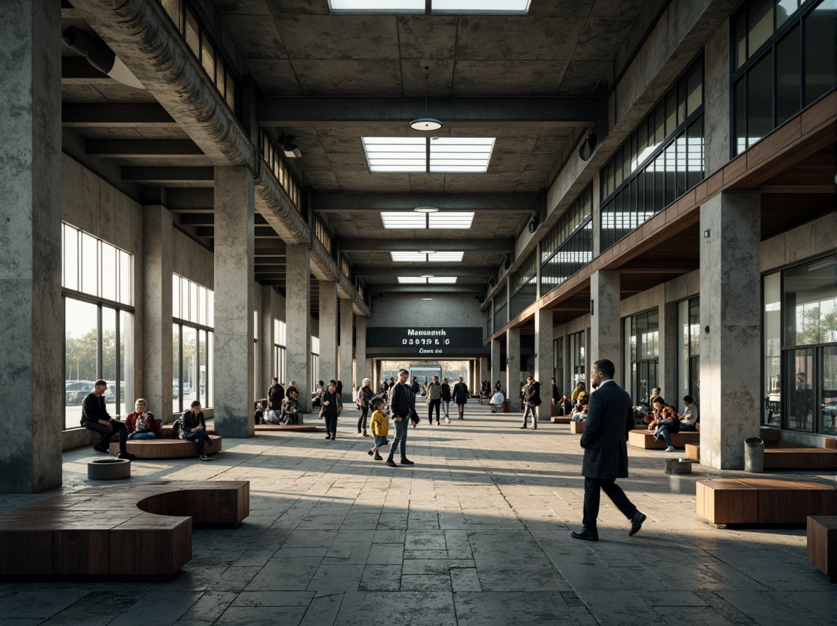 Prompt: Rugged bus station interior, raw concrete walls, exposed ductwork, industrial-style lighting, steel beams, minimalist benches, functional signage, urban atmosphere, busy commuter crowds, natural stone flooring, rough-hewn wooden accents, brutalist architecture, dramatic high ceilings, geometric patterns, cold harsh lighting, 1/1 composition, moody tone, cinematic mood.