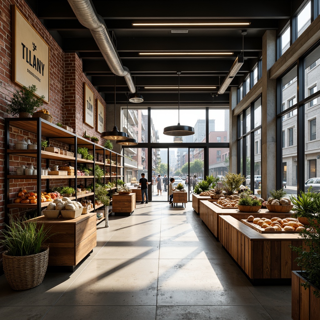 Prompt: Industrial-chic Bauhaus grocery store, exposed brick walls, polished concrete floors, minimalist shelving, metal beams, reclaimed wood accents, modern pendant lighting, LED strip lights, warm white tone, high ceilings, natural light pouring in, large windows, glass doors, urban cityscape outside, busy street activity, morning sunlight, softbox lighting, 1/2 composition, realistic textures, ambient occlusion.