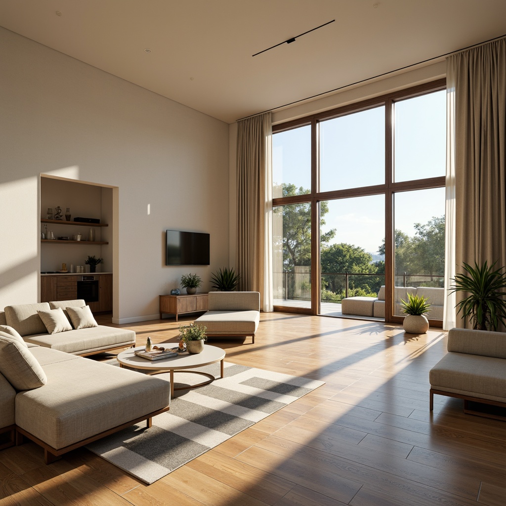 Prompt: Modern living room, minimalistic decor, spacious open-plan layout, floor-to-ceiling windows, sliding glass doors, natural light pouring in, cream-colored walls, polished hardwood floors, sleek low-profile furniture, multi-functional storage units, hidden appliances, built-in shelving, comfortable sectional sofas, geometric patterned rugs, ambient warm lighting, 1/2 composition, shallow depth of field, soft focus effect.