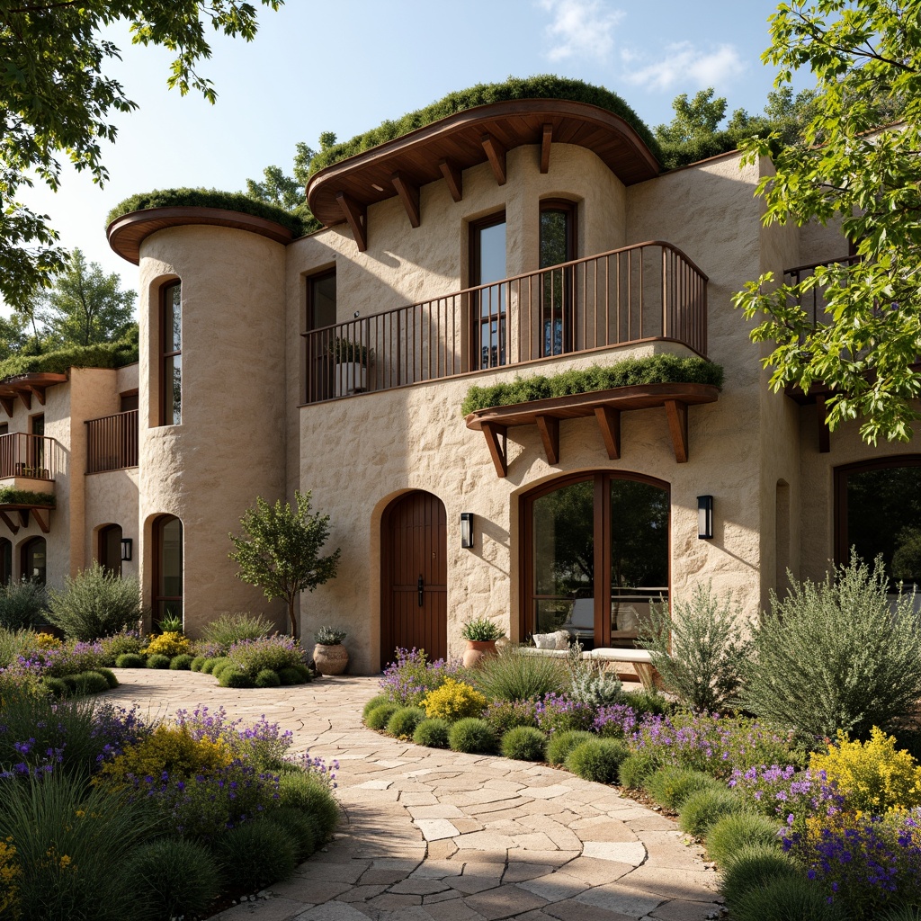 Prompt: Rammed earth facade, academic architectural style, rustic textures, earthy tones, natural materials, curved lines, organic forms, ornate details, arched windows, heavy stone walls, moss-covered roofs, overhanging eaves, wooden shutters, vintage metal doors, worn stone pathways, lush greenery, vibrant flowers, sunny day, warm soft lighting, shallow depth of field, 3/4 composition, panoramic view, realistic textures, ambient occlusion.