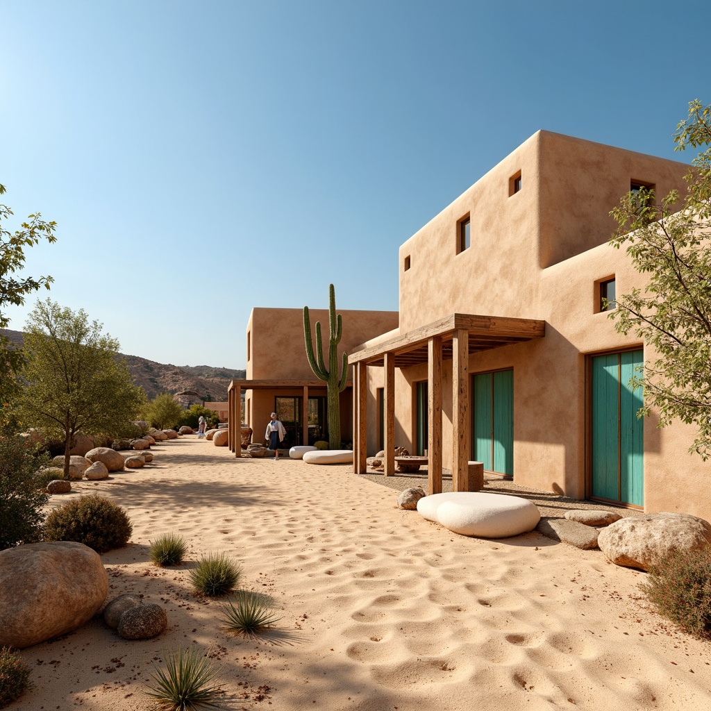 Prompt: Earthy desert landscape, sandy dunes, cactus plants, warm sunny day, clear blue sky, vast open space, modern desert architecture, adobe-inspired buildings, earthy terracotta walls, rustic wooden accents, natural stone textures, weathered metal details, vibrant turquoise accents, soft beige stucco, warm golden lighting, shallow depth of field, 3/4 composition, panoramic view, realistic textures, ambient occlusion.