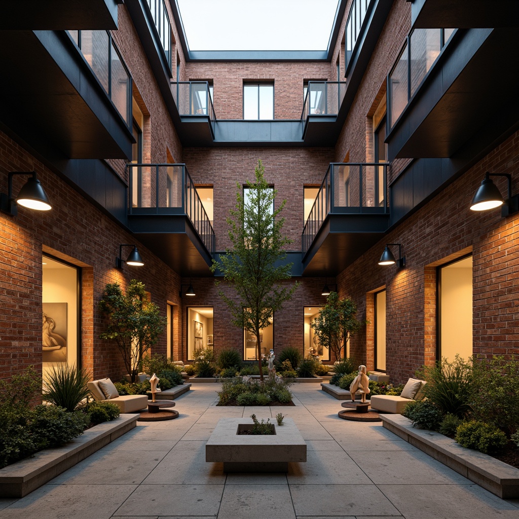 Prompt: Industrial-style courtyard, exposed brick walls, minimalist ornamentation, functional lighting fixtures, geometric metal shades, warm yellow ambient lighting, soft diffused glow, high ceilings, large windows, steel frames, cantilevered balconies, asymmetrical compositions, abstract sculptures, monochromatic color schemes, raw concrete textures, dramatic shadows, 1/1 composition, low-key lighting, realistic renderings.