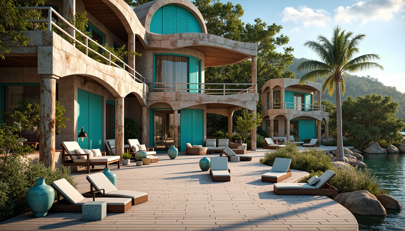 Prompt: Seaside villa, eclectic architecture, weathered wooden decks, rusty metal railings, driftwood accents, ocean-inspired color palette, turquoise shutters, coral stone walls, curved lines, asymmetrical shapes, tropical plants, palm trees, beachy atmosphere, salty sea air, warm sunlight, shallow depth of field, 1/2 composition, panoramic view, realistic textures, ambient occlusion.Please let me know if this meets your requirements!