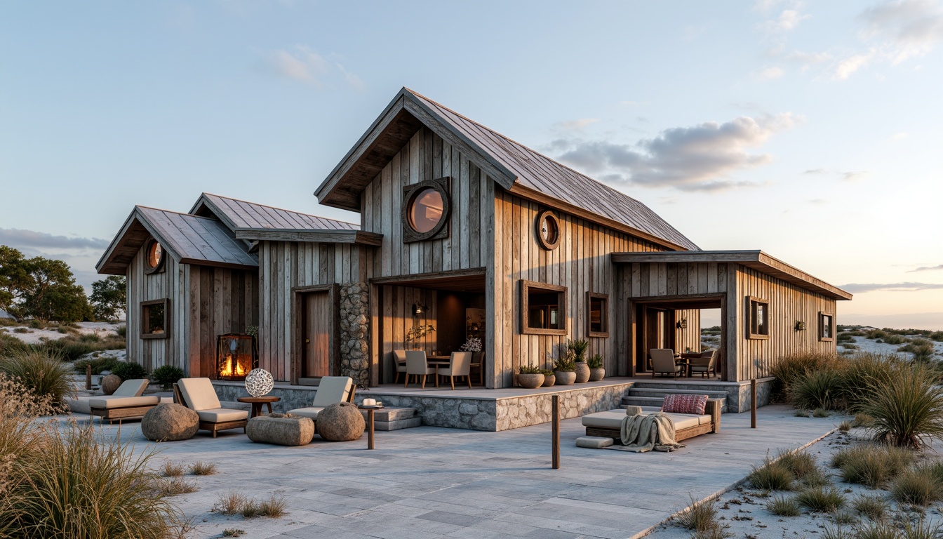 Prompt: Driftwood beach barn, weathered wood accents, rustic metal roofing, natural stone foundations, reclaimed lumber, nautical decorations, ocean-inspired color palette, sandy dunes, sea oats, beach morning, soft warm lighting, shallow depth of field, 3/4 composition, panoramic view, realistic textures, ambient occlusion, distressed finishes, vintage nautical elements, porthole windows, wooden shutters, corrugated metal walls, coastal wildflowers, seaside grasses, rustic outdoor furniture, lantern-style lighting, beachy ambiance.