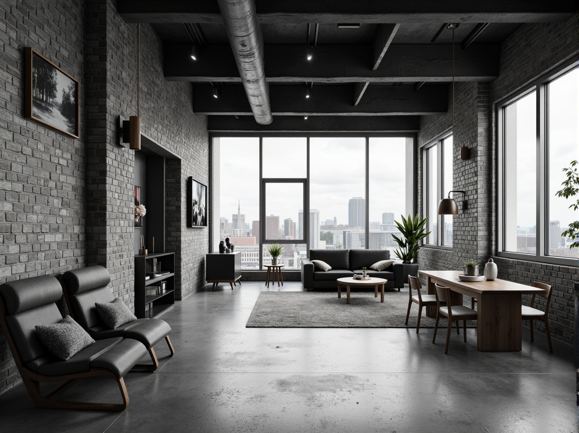 Prompt: Monochromatic color scheme, industrial chic apartment, exposed brick walls, polished concrete floors, minimalist furniture, geometric shapes, clean lines, modernist architecture, urban cityscape, atmospheric lighting, softbox shadows, 1/1 composition, wide-angle lens, realistic textures, subtle ambient occlusion.