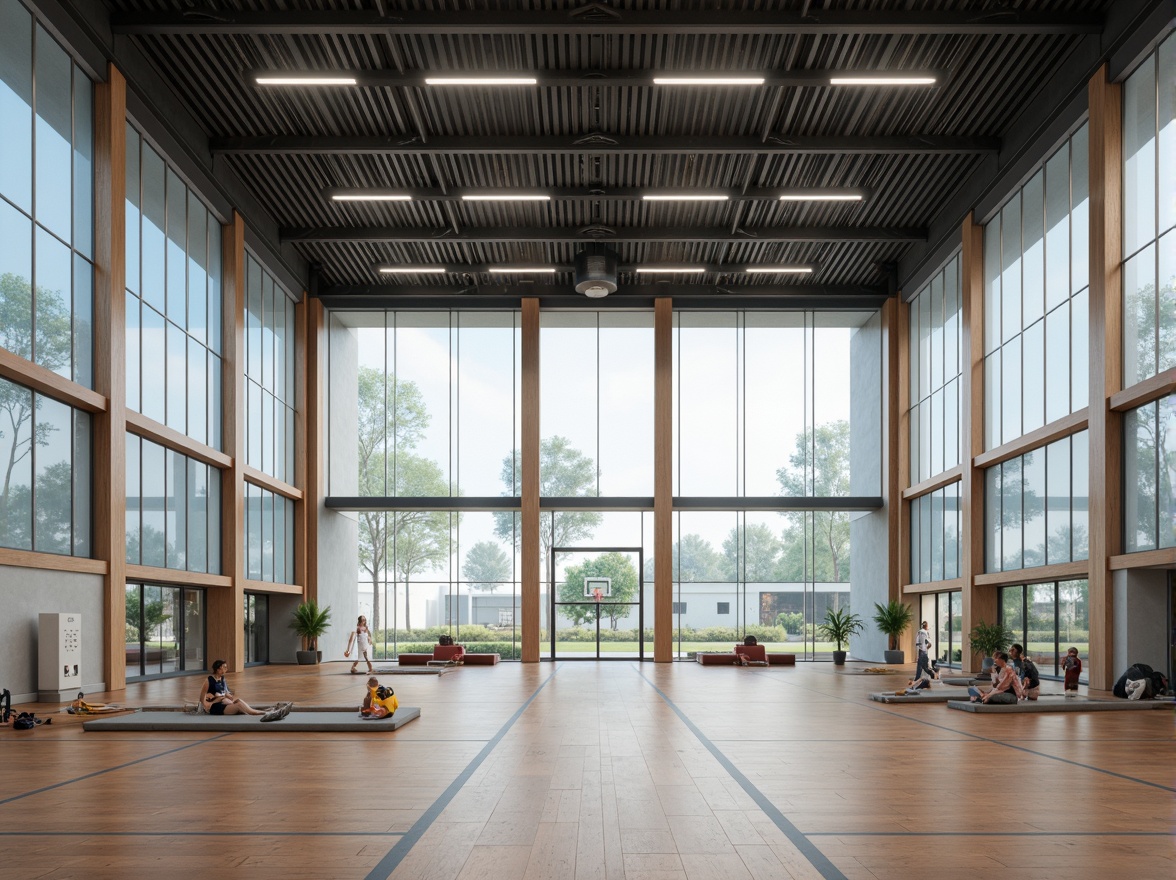 Prompt: Modern gymnasium interior, translucent glass walls, diffused natural light, sleek metal beams, polished wooden floors, minimalist design, open spaces, athletic equipment, basketball hoops, tennis courts, yoga mats, mirrored walls, ambient lighting, soft shadows, 1/1 composition, realistic textures, subtle reflections, calm atmosphere, vibrant colors, dynamic patterns, functional furniture, innovative storage solutions.